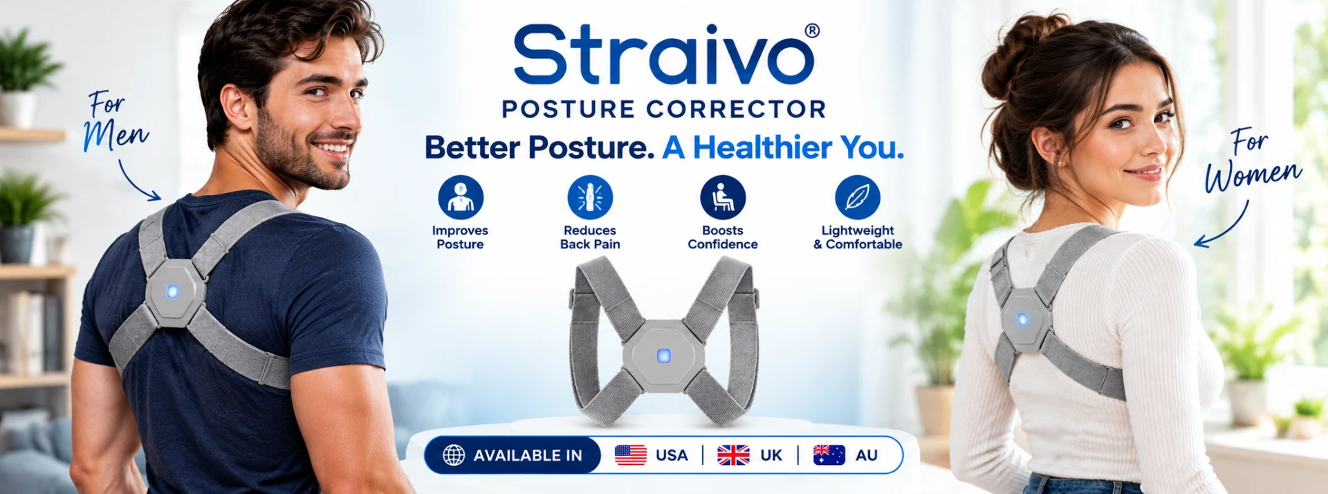 Straivo posture corrector shown on a man and woman, alongside the adjustable product